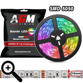 Bande LED SMD 5050, couleur RGB, 1 cm de large, 5V ou 12V, disponible en 60 LED/m, 96 LED/m ou 144 LED/m, IP20 ou IP68. - AGM Vision