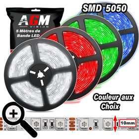 Bande LED 5050, couleur au choix, 1 cm de large, 12 V, 5 m, 60 LED/m, IP20, IP68 - AGM Vision
