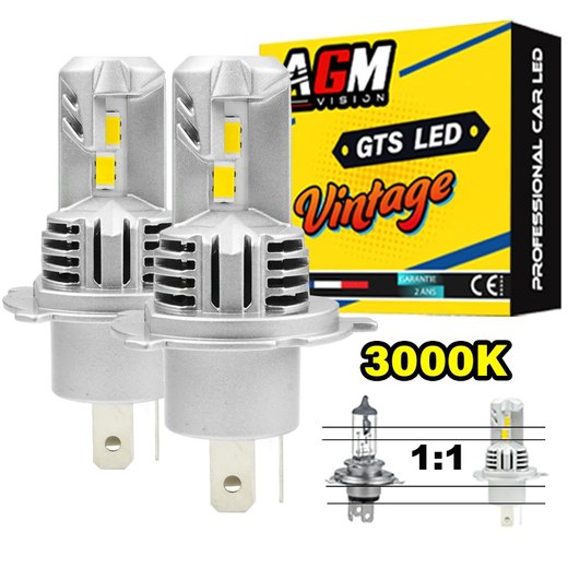 Kit ampoules LED H4 GTS Vintage jaune 3000 K 1.1 Slim ventilé 70 W 10 100 lm