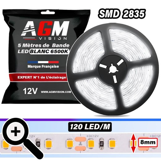 1 12V LED-strimmel på 5 meter, SMD 2835, 6500K kold hvid, 120 LED/m, IP20 1 12V LED-strimmel på 5 meter, SMD 2835, 6500K kold hvid, 120 LED/m, IP20