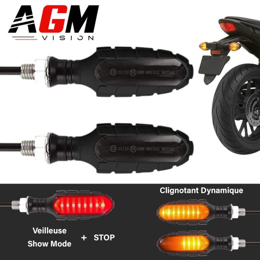 Kit 2 LED motorcykelblinklys Shadow 3 i 1 - Dynamisk blinklys + rød positions-/stoplys + animation ved opstart Kit 2 LED motorcykelblinklys Shadow 3 i 1 - Dynamisk blinklys + rød positions-/stoplys + animation ved opstart