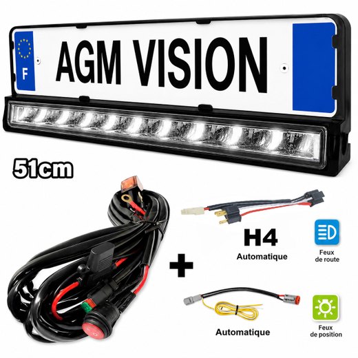 Intégration d’une barre LED avec support de plaque homologué + connecteur H4 d’automatisation (feux de route)