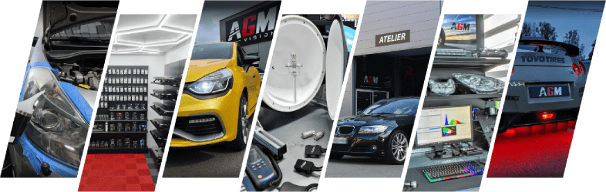 AGM Vision-butikken i Excideuil: showroom, vægge med pærer, målebænk og køretøjer med LED-lys