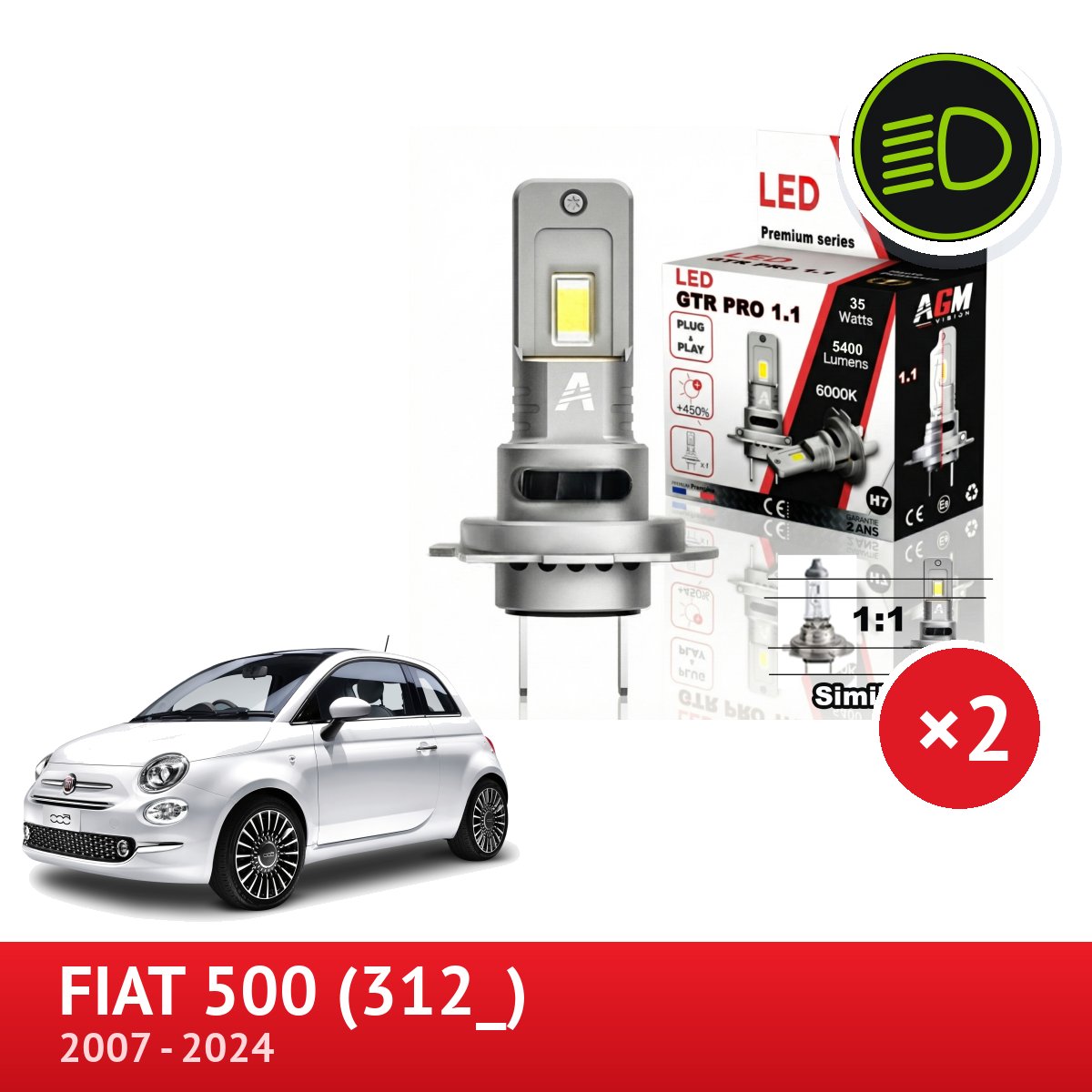 Fiat 500 LED ロービームキット 70 W 10100 lm、強力で
