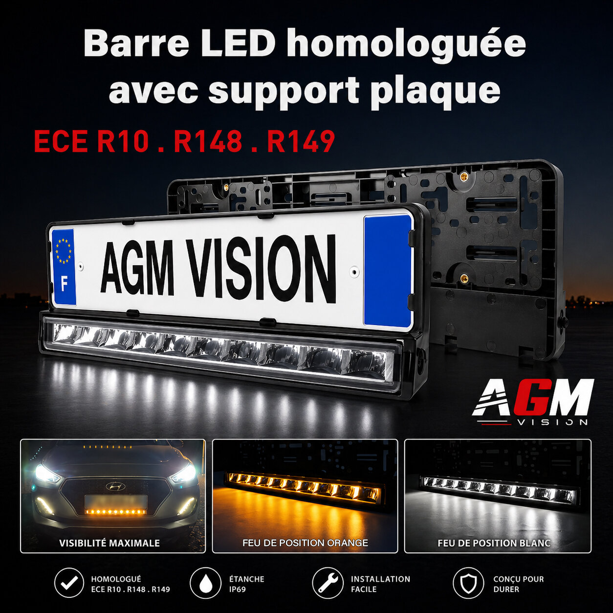 Zugelassene LED-Leiste mit Kennzeichenhalter - 120 Watts - weißes/oranges Standlicht Zugelassene LED-Leiste mit Kennzeichenhalter - 120 Watts - weißes/oranges Standlicht